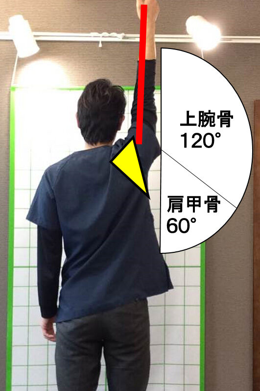 壁に向かって腕を上げ、上腕骨120度・肩甲骨60度の角度を書き込んだ写真
