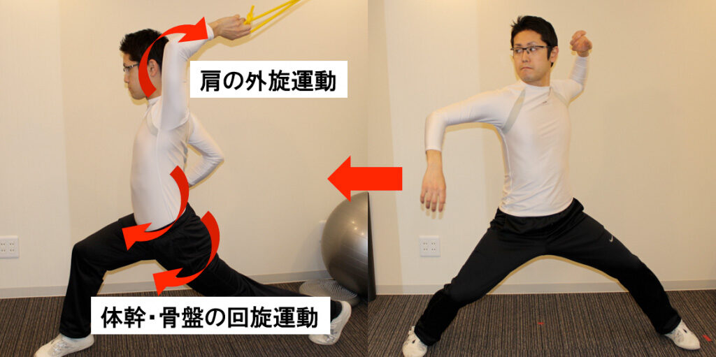 投球動作で、肩の外旋運動と体幹・骨盤の回旋運動の向きを矢印で示した写真