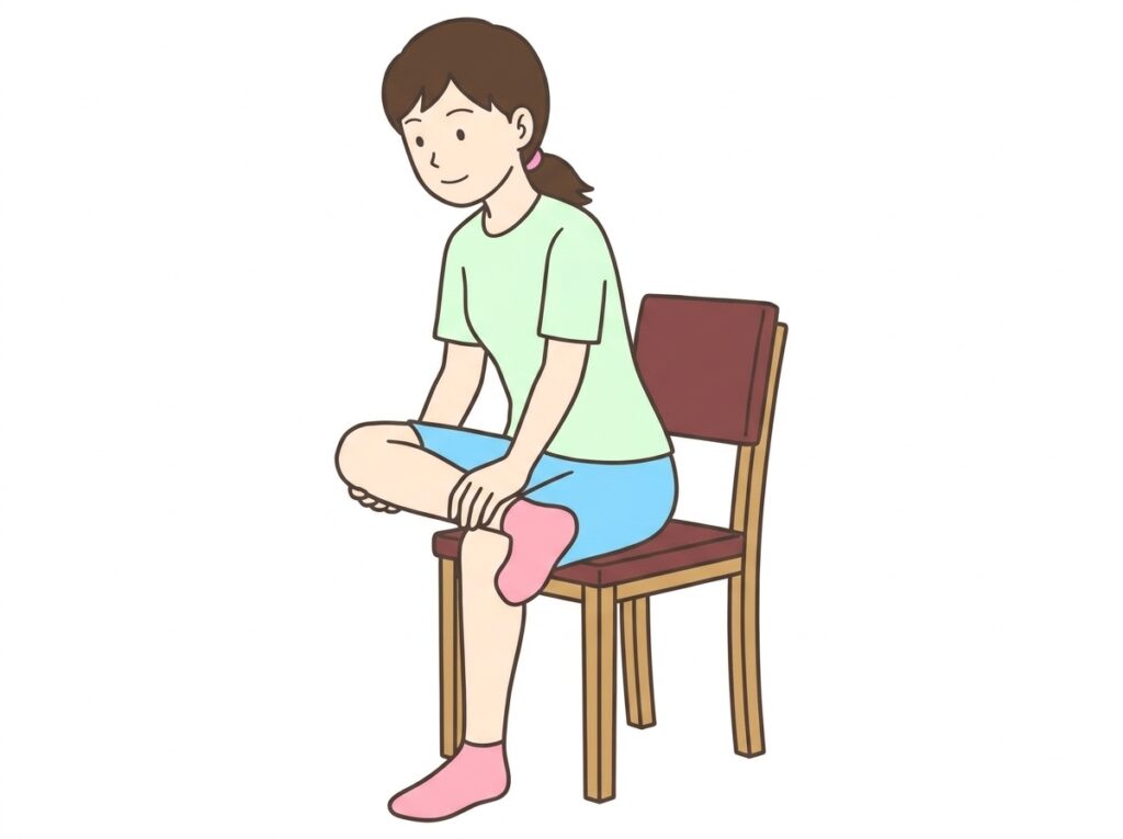 椅子に座って足首を反対の太ももに乗せお尻を伸ばすストレッチ