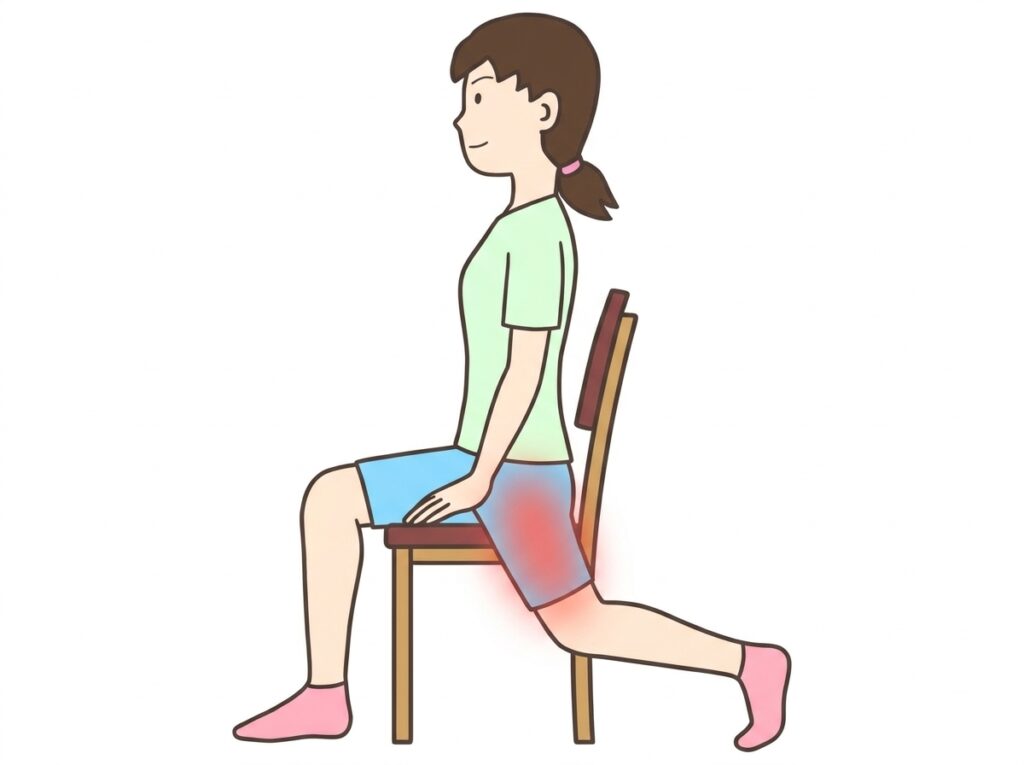 椅子に浅く座り片足を後ろに引いて脚の付け根を伸ばすストレッチ